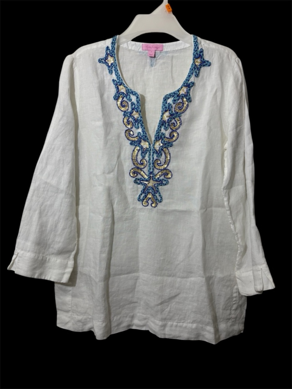Lilly Pulitzer White Linen Tunic with Blue Embroidered V-Neck